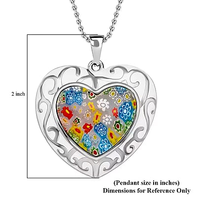 Multi Color Murano Style and Enameled Heart Pendant Necklace in Stainless Steel 20 Inches