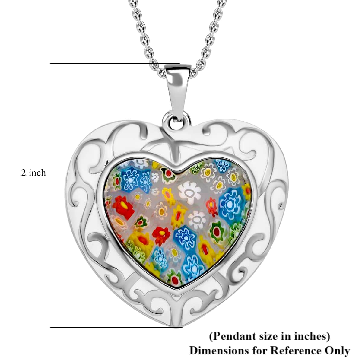 Murano Style and Enameled Heart Pendant Necklace 20 Inches in Stainless Steel, Floral Millefiori Pendant Necklace, Sweatproof Hypoallergenic Necklace, Gift For Her image number 6