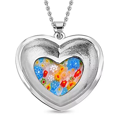 Multi Color Murano Style and Enameled Heart Pendant Necklace in Stainless Steel 20 Inches
