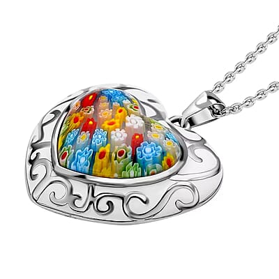 Multi Color Murano Style and Enameled Heart Pendant Necklace in Stainless Steel 20 Inches