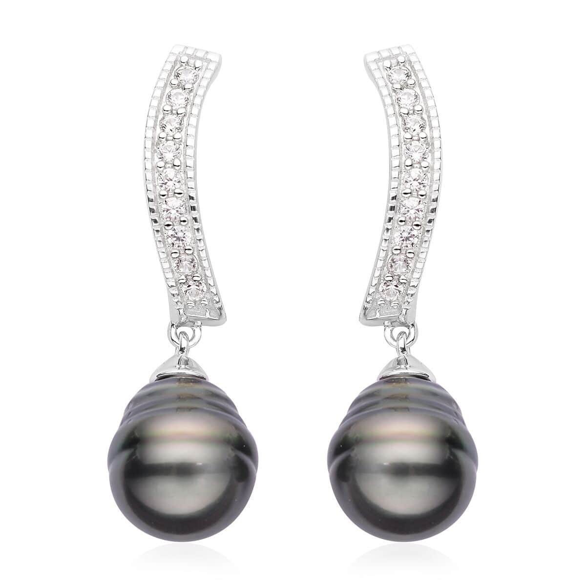 Tahitian Cultured Pearl and Natural White Zircon Drop Earrings in Platinum Over Sterling Silver 0.65 ctw image number 0