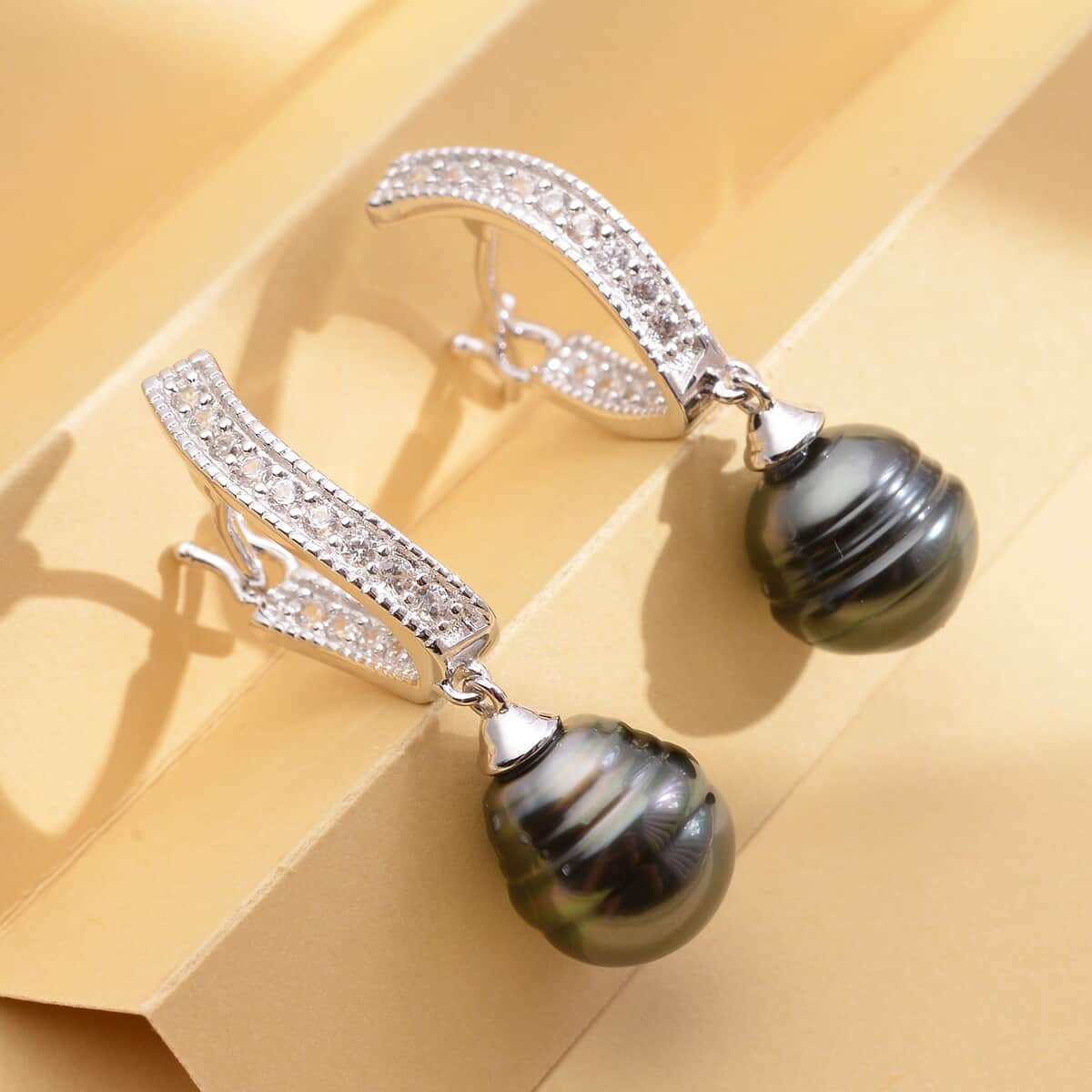 Tahitian Cultured Pearl and Natural White Zircon Drop Earrings in Platinum Over Sterling Silver 0.65 ctw image number 1