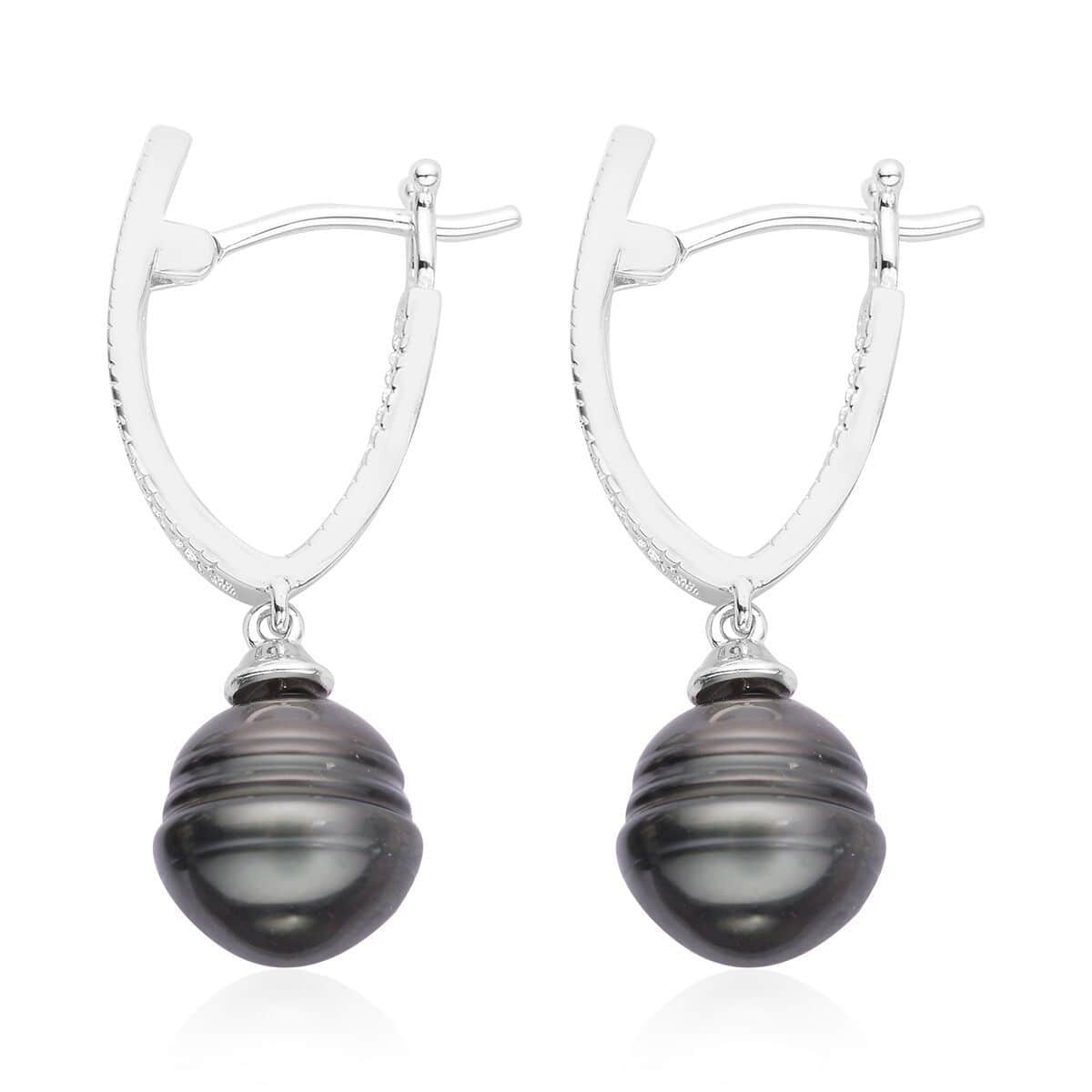 Tahitian Cultured Pearl and Natural White Zircon Drop Earrings in Platinum Over Sterling Silver 0.65 ctw image number 3