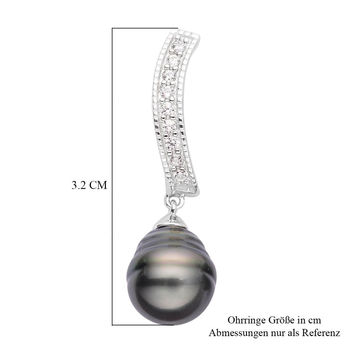 Tahitian Cultured Pearl and Natural White Zircon Drop Earrings in Platinum Over Sterling Silver 0.65 ctw image number 4