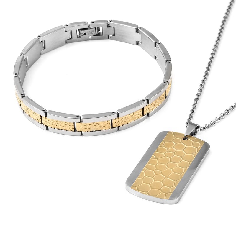 Men's Bracelet (8.50In) and Honey Comb Dog Tag Pendant Necklace 20.00 Inches in ION Plated Yellow Gold and Stainless Steel