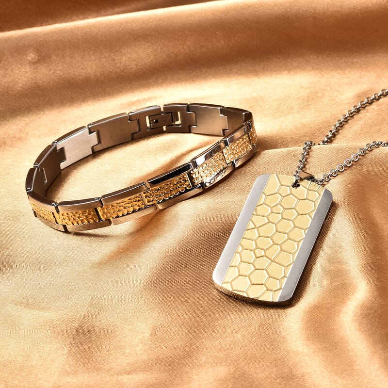 Men's Bracelet (8.50In) and Honey Comb Dog Tag Pendant Necklace 20.00 Inches in ION Plated Yellow Gold and Stainless Steel