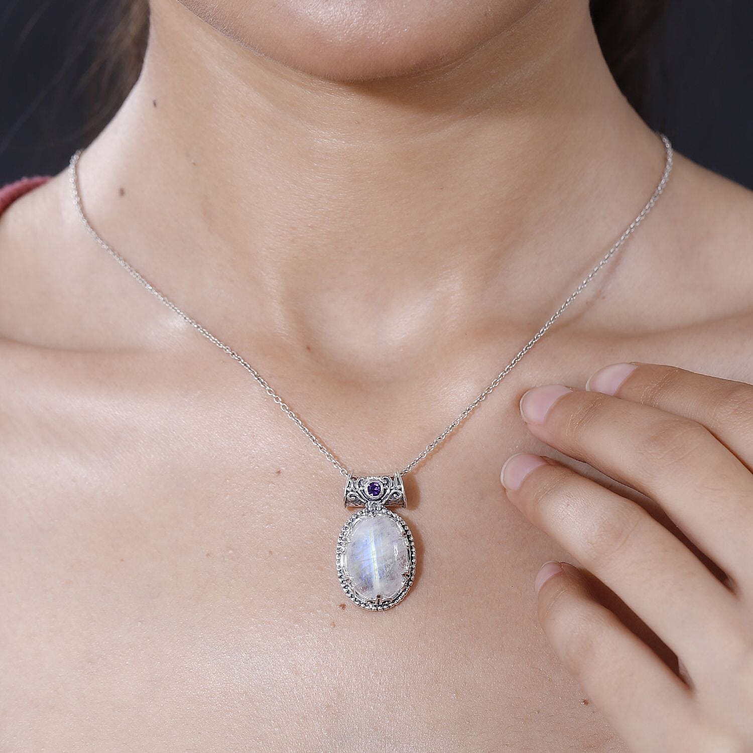 Artisan Crafted Kuisa Rainbow Moonstone and Amethyst Pendant in Sterling Silver 12.90 ctw