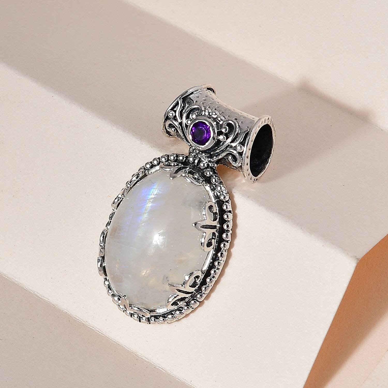 Artisan Crafted Kuisa Rainbow Moonstone and Amethyst Pendant in Sterling Silver 12.90 ctw