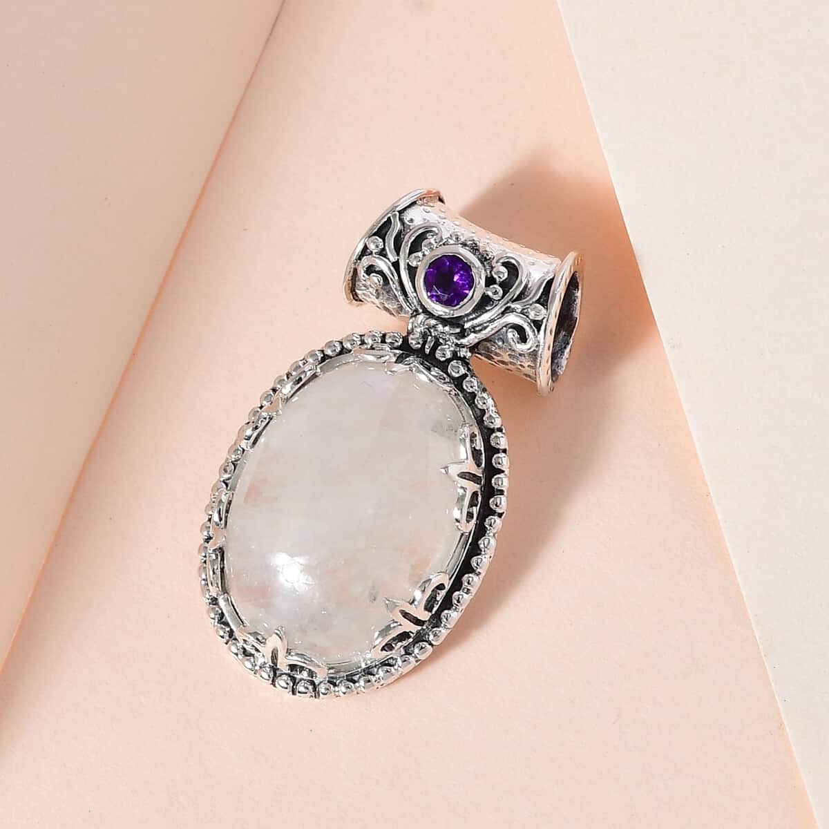 Artisan Crafted Kuisa Rainbow Moonstone and Amethyst Pendant in Sterling Silver 12.90 ctw image number 4