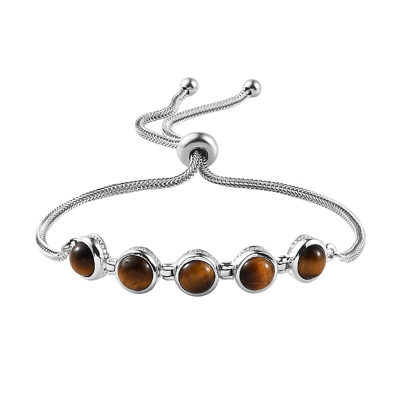 EverTrue Tiger's Eye 5.65 ctw Bracelet in Platinum Bond Stainless Steel, Adjustable Bolo Bracelet