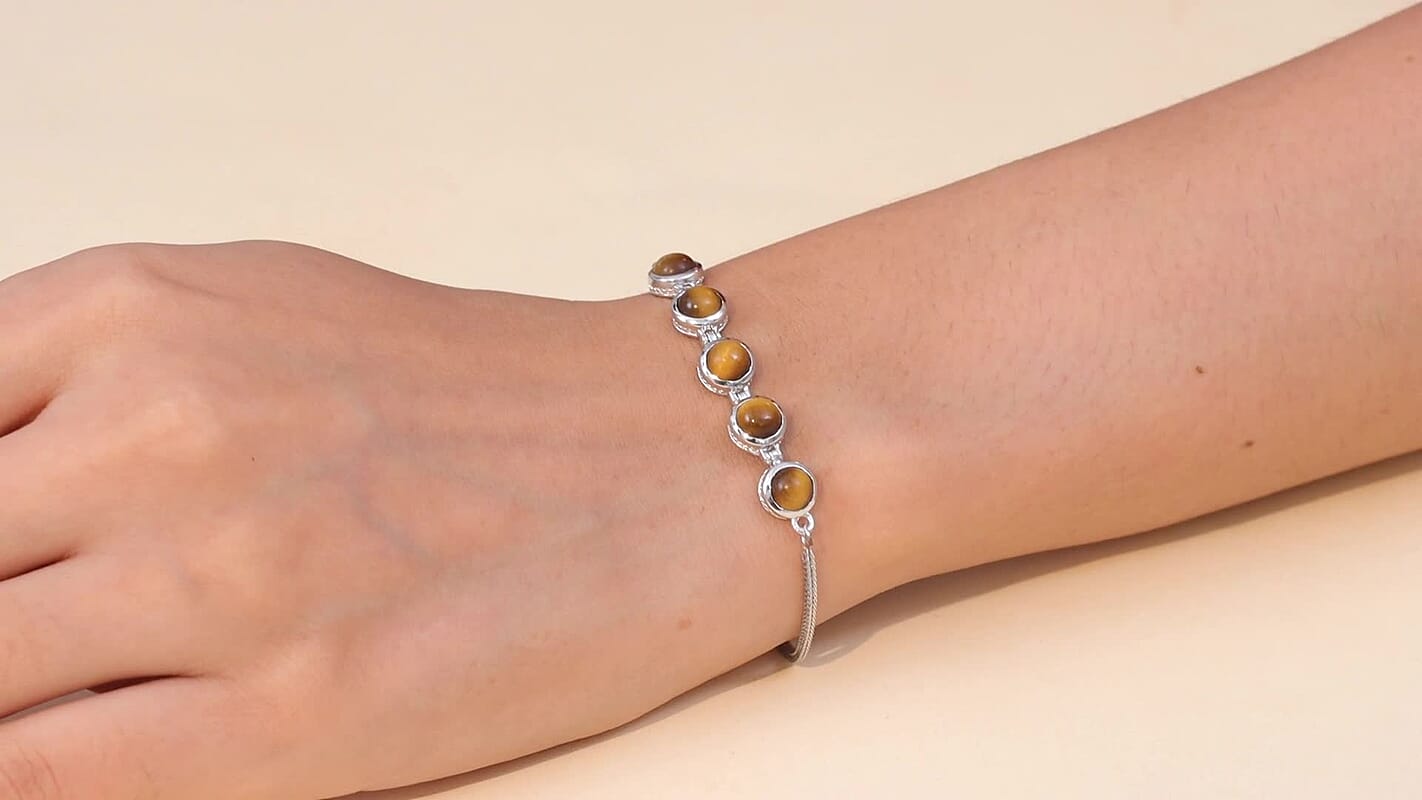 KARIS 4.65 ctw South African Tigers Eye Bolo Bracelet in Platinum Bond and Stainless Steel