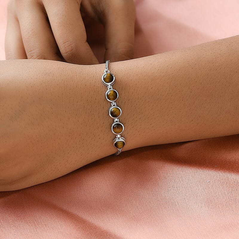 EverTrue Tiger's Eye 5.65 ctw Bracelet in Platinum Bond Stainless Steel, Adjustable Bolo Bracelet