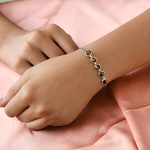 EverTrue Tiger's Eye 5.65 ctw Bracelet in Platinum Bond Stainless Steel, Adjustable Bolo Bracelet