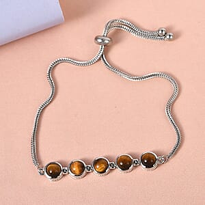 EverTrue Tiger's Eye 5.65 ctw Bracelet in Platinum Bond Stainless Steel, Adjustable Bolo Bracelet