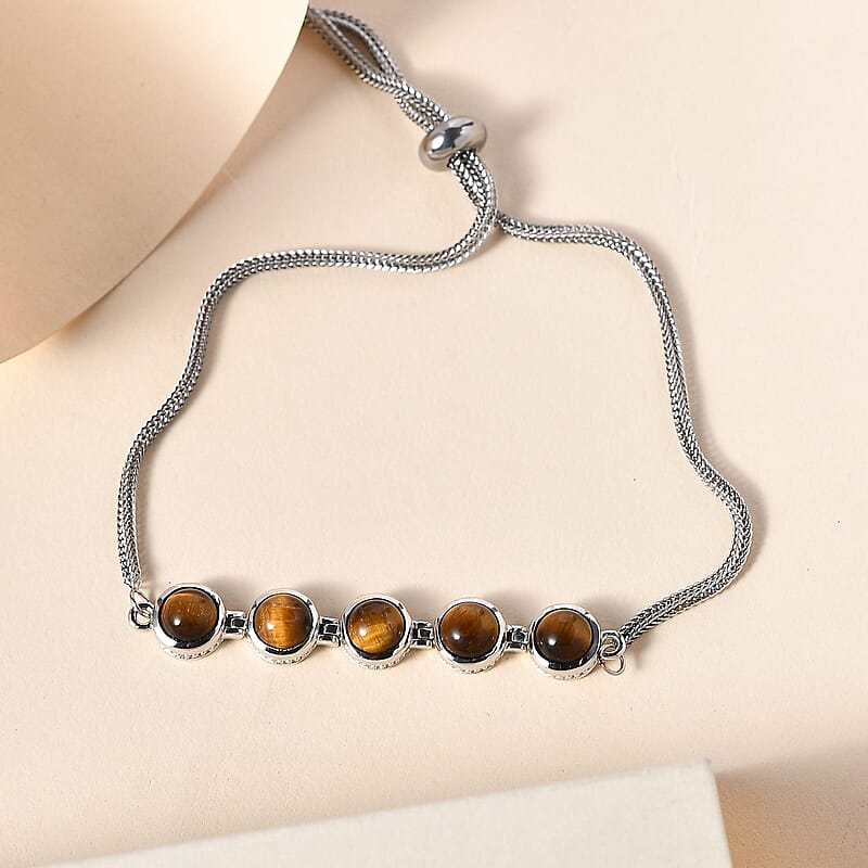 EverTrue Tiger's Eye 5.65 ctw Bracelet in Platinum Bond Stainless Steel, Adjustable Bolo Bracelet