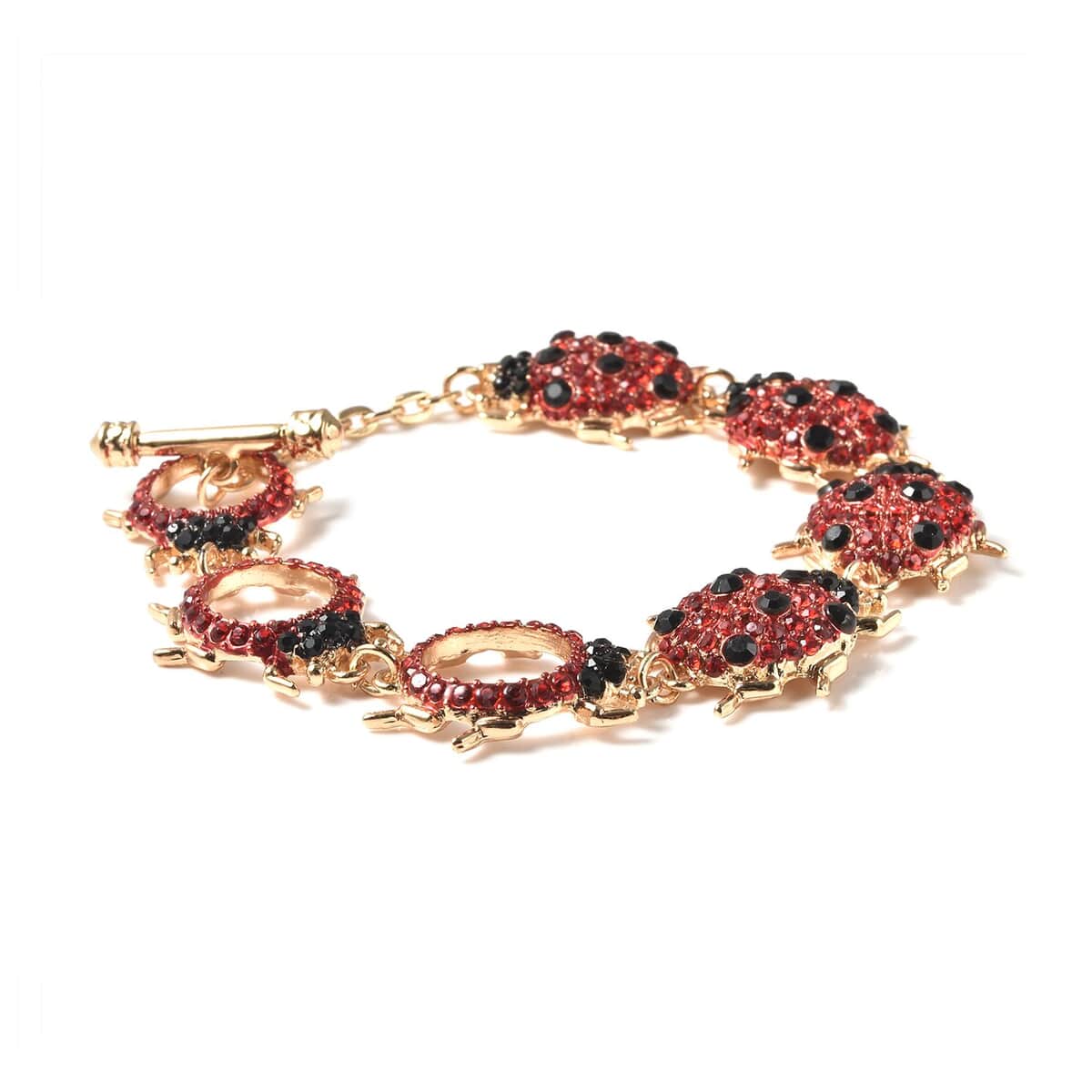 Red and Black Austrian Crystal Ladybug Bracelet in Goldtone (6.50 In) image number 2