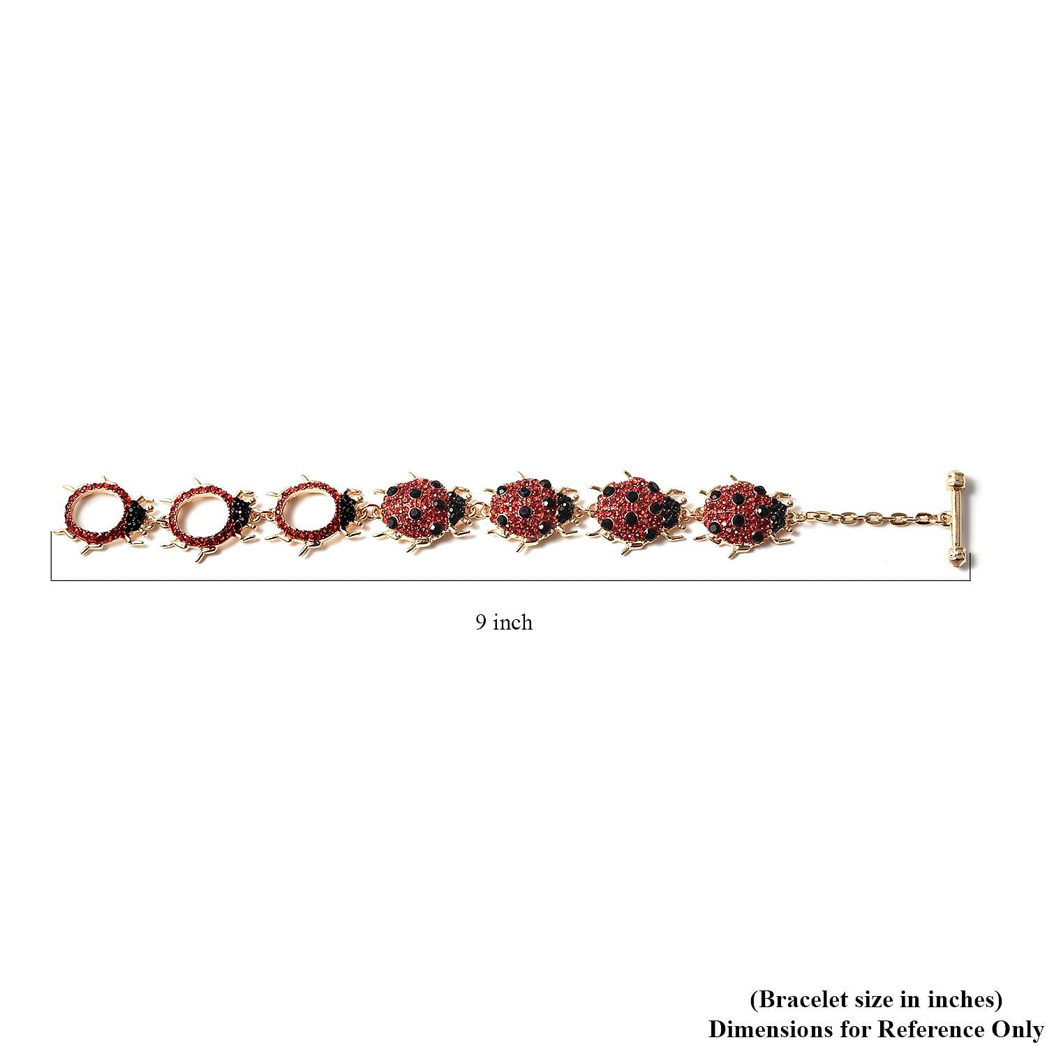 Red and Black Austrian Crystal Ladybug Bracelet in Goldtone (6.50-9In)