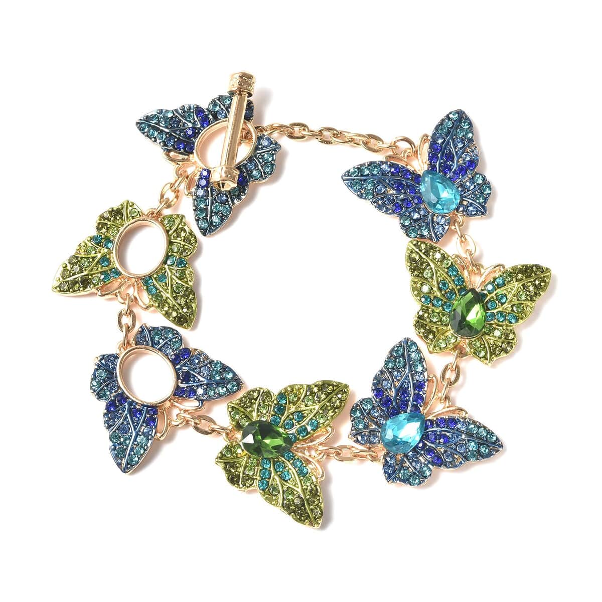 Simulated Blue and Green Diamond, Multi Color Austrian Crystal Butterfly Bracelet in Goldtone (6.50-9In) image number 0
