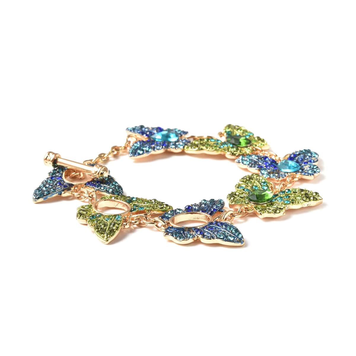 Simulated Blue and Green Diamond, Multi Color Austrian Crystal Butterfly Bracelet in Goldtone (6.50-9In) image number 2