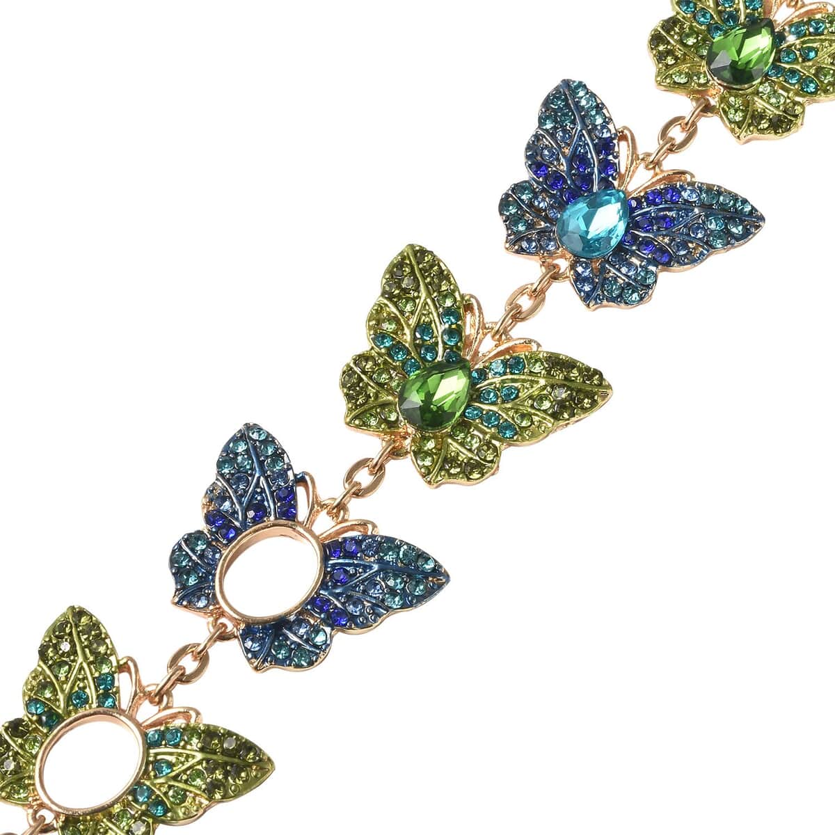 Simulated Blue and Green Diamond, Multi Color Austrian Crystal Butterfly Bracelet in Goldtone (6.50-9In) image number 3