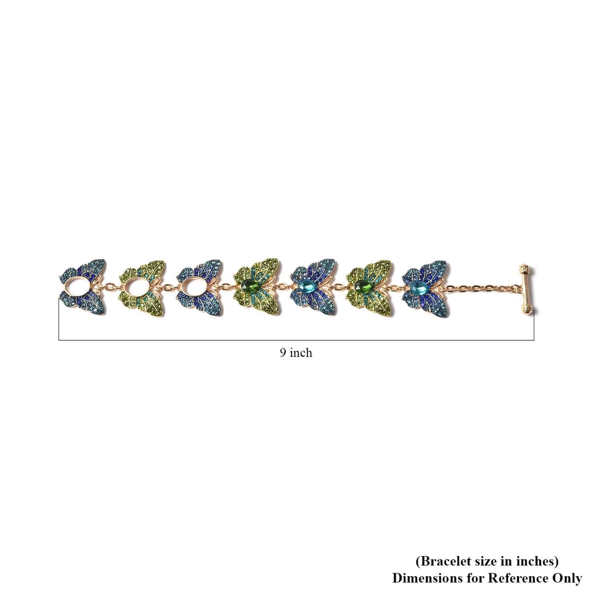 Simulated Blue and Green Diamond, Multi Color Austrian Crystal Butterfly Bracelet in Goldtone (6.50-9In) image number 5