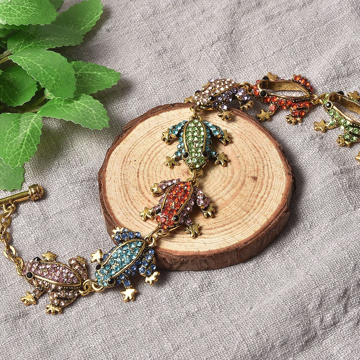 Multi Color Austrian Crystal Frog Link Bracelet in Goldtone (7.00-9In) image number 1