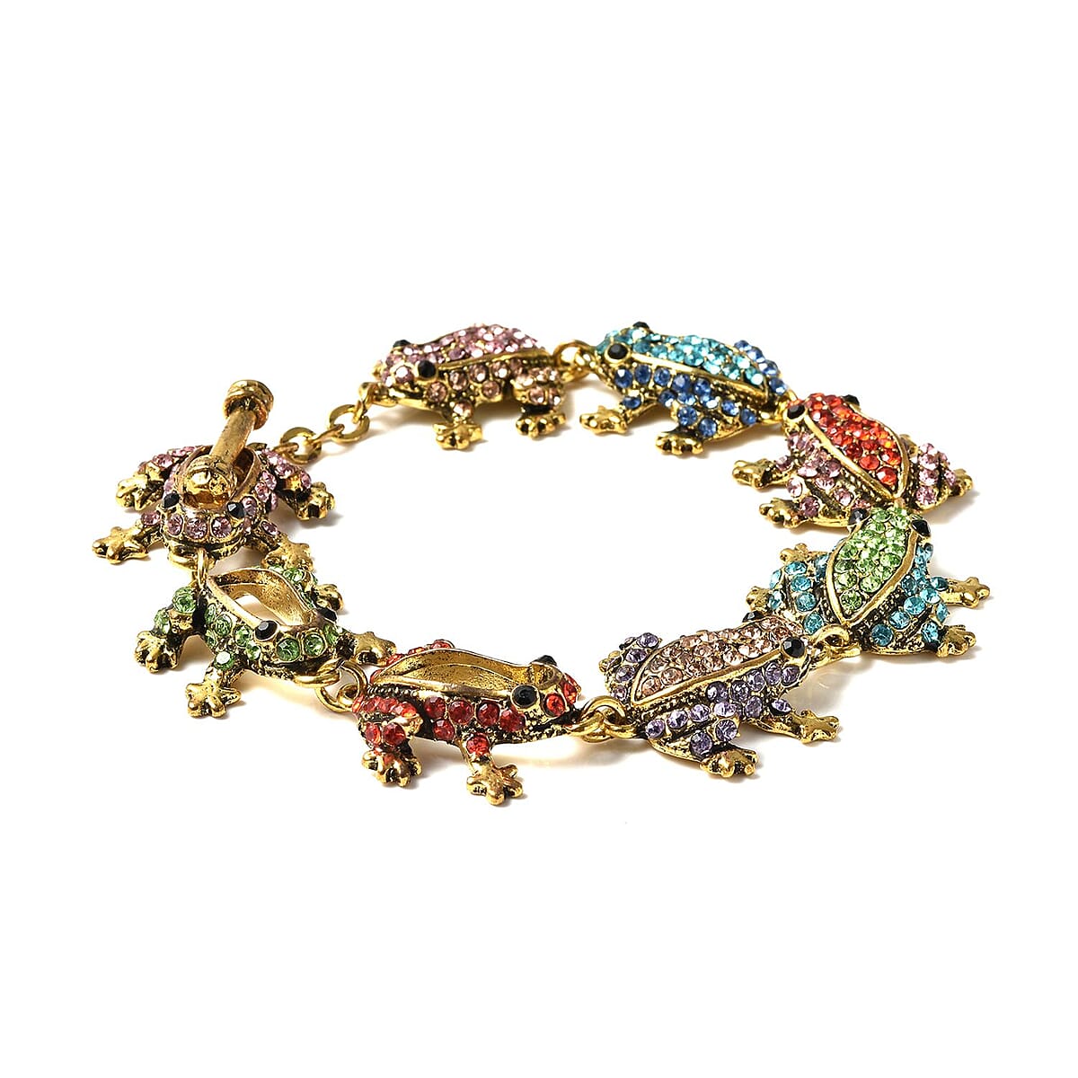Multi Color Austrian Crystal Frog Link Bracelet in Goldtone (7.00-9In) image number 2