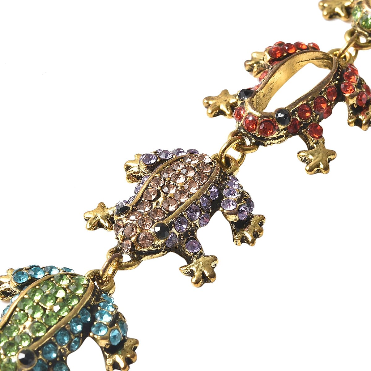 Multi Color Austrian Crystal Frog Link Bracelet in Goldtone (7.00-9In) image number 3