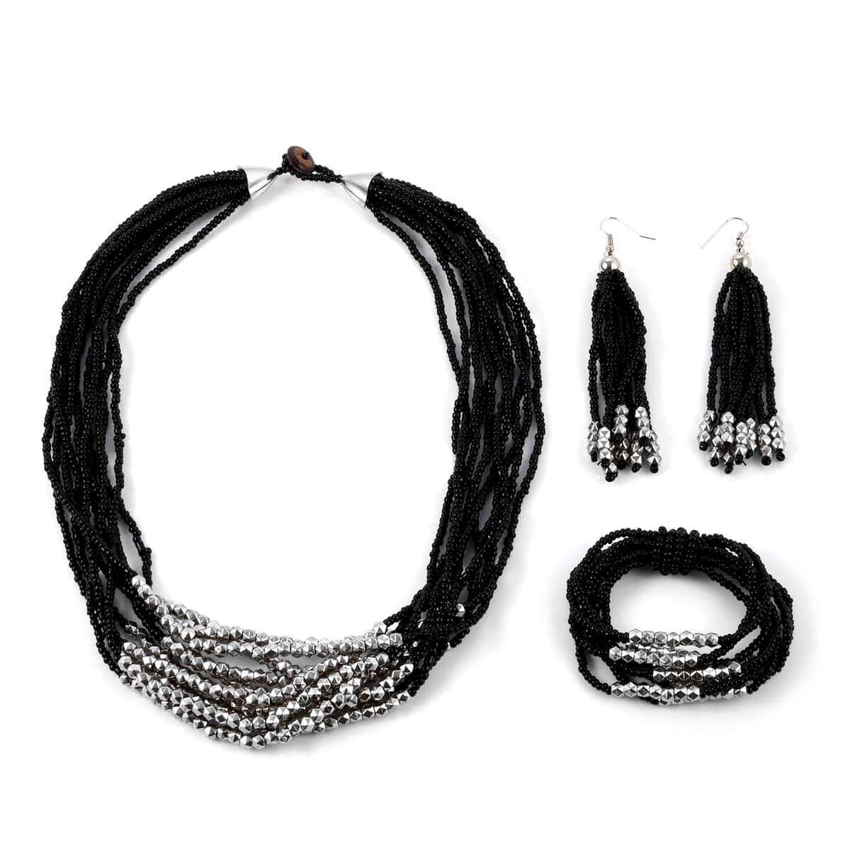 Black Seed Beaded Earrings, Stretch Bracelet and Multi Strand Necklace 22 Inches in Silvertone image number 0