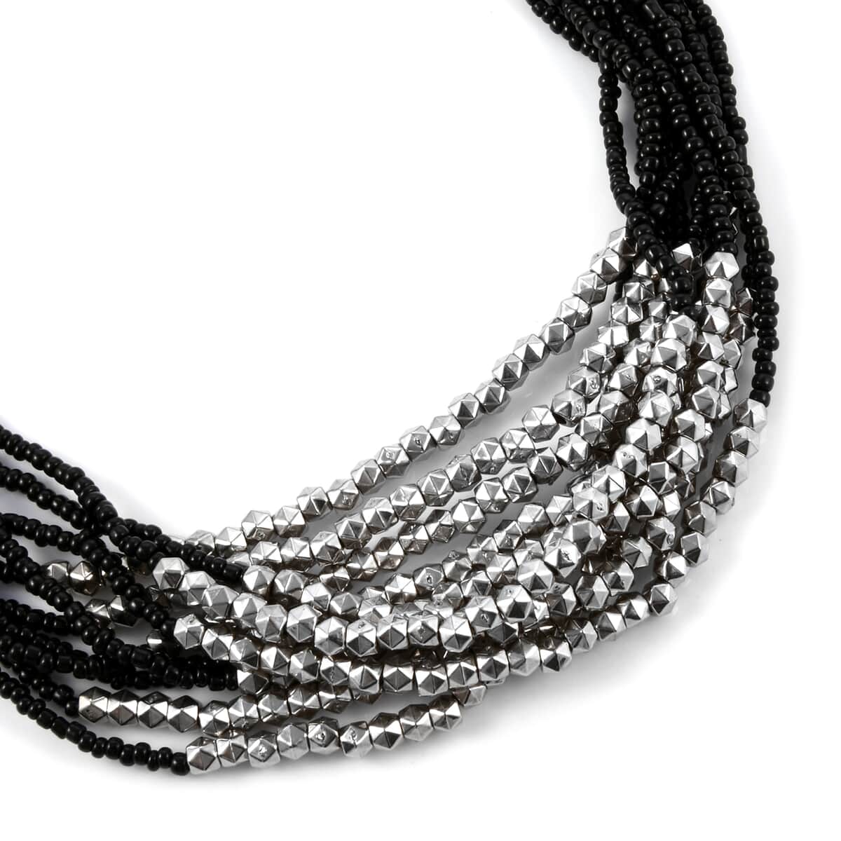 Black Seed Beaded Earrings, Stretch Bracelet and Multi Strand Necklace 22 Inches in Silvertone image number 1