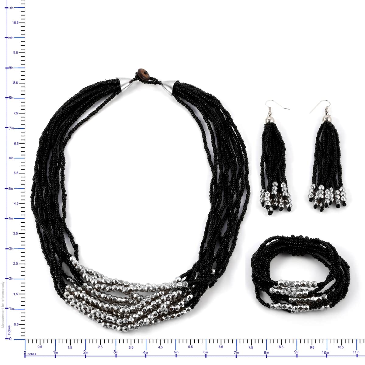 Black Seed Beaded Earrings, Stretch Bracelet and Multi Strand Necklace 22 Inches in Silvertone image number 3