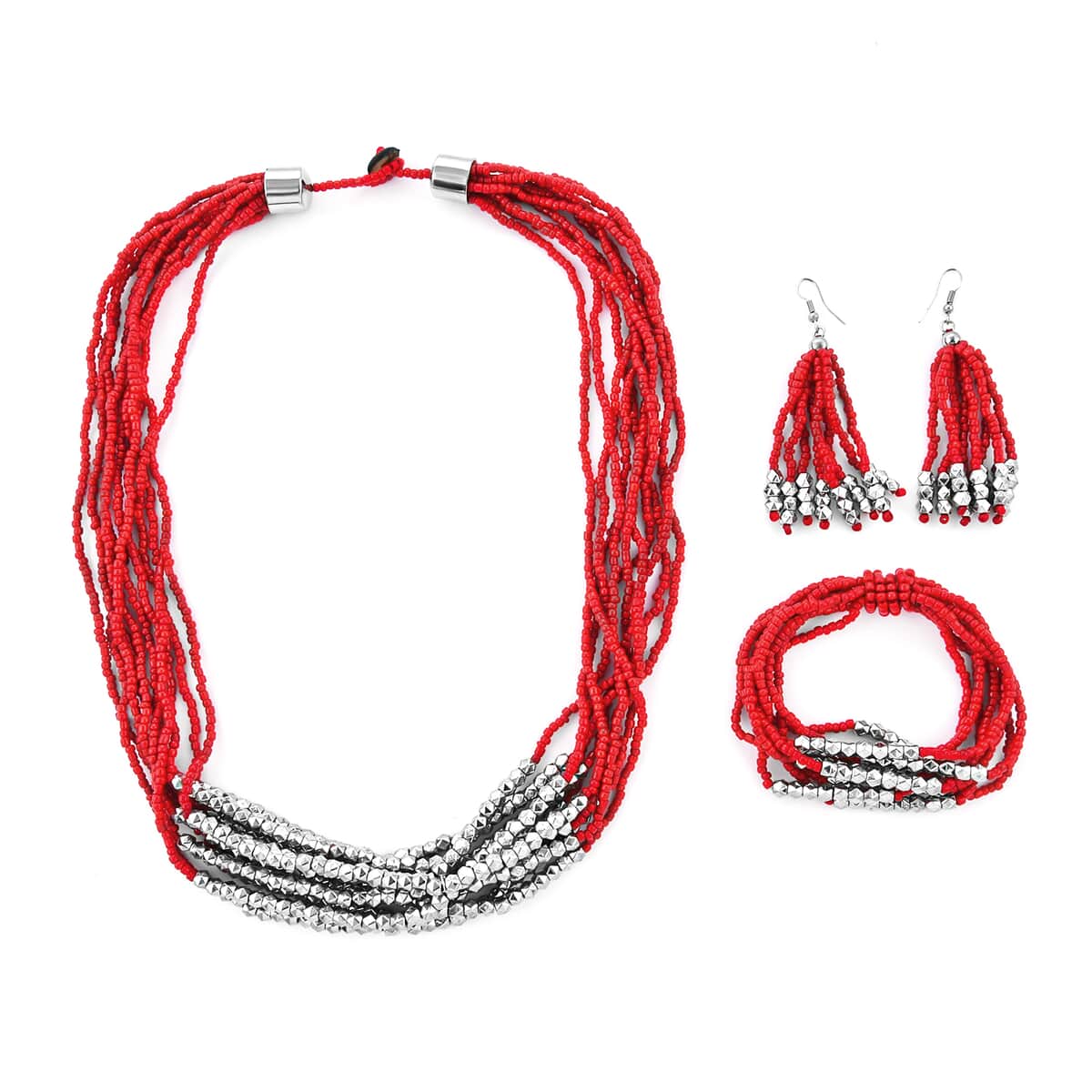 Red Seed Beaded Earrings, Stretch Bracelet and Multi Strand Necklace 22 Inches in Silvertone image number 0