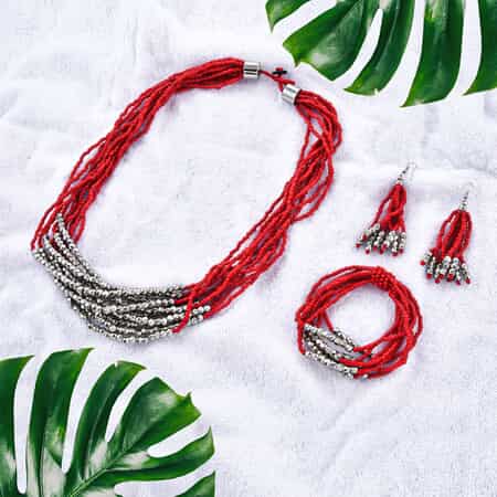 Red Seed Beaded Earrings, Stretch Bracelet and Multi Strand Necklace 22 Inches in Silvertone image number 1