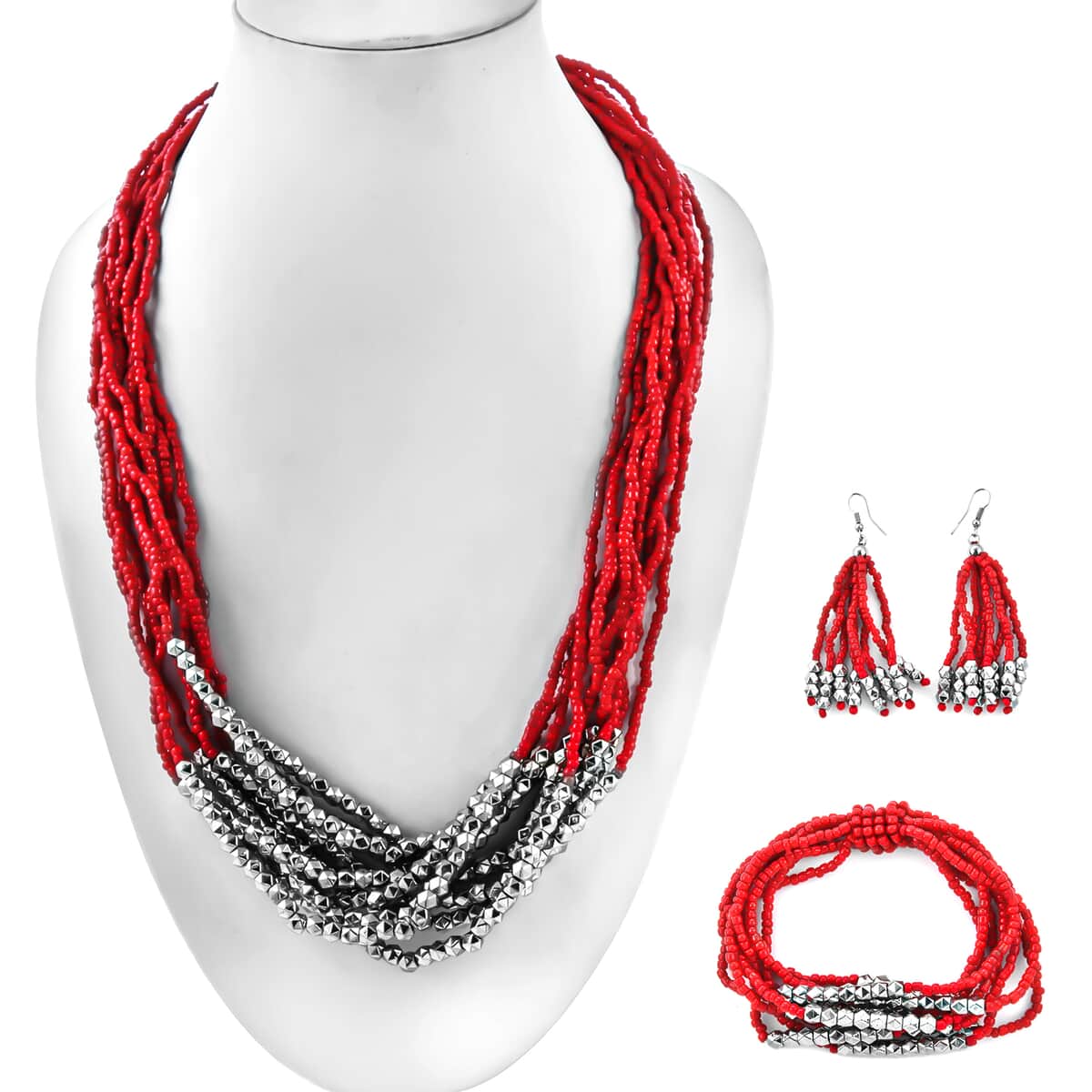 Red Seed Beaded Earrings, Stretch Bracelet and Multi Strand Necklace 22 Inches in Silvertone image number 2