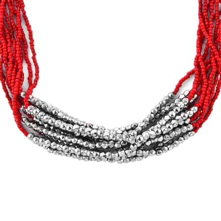 Red Seed Beaded Earrings, Stretch Bracelet and Multi Strand Necklace 22 Inches in Silvertone image number 3