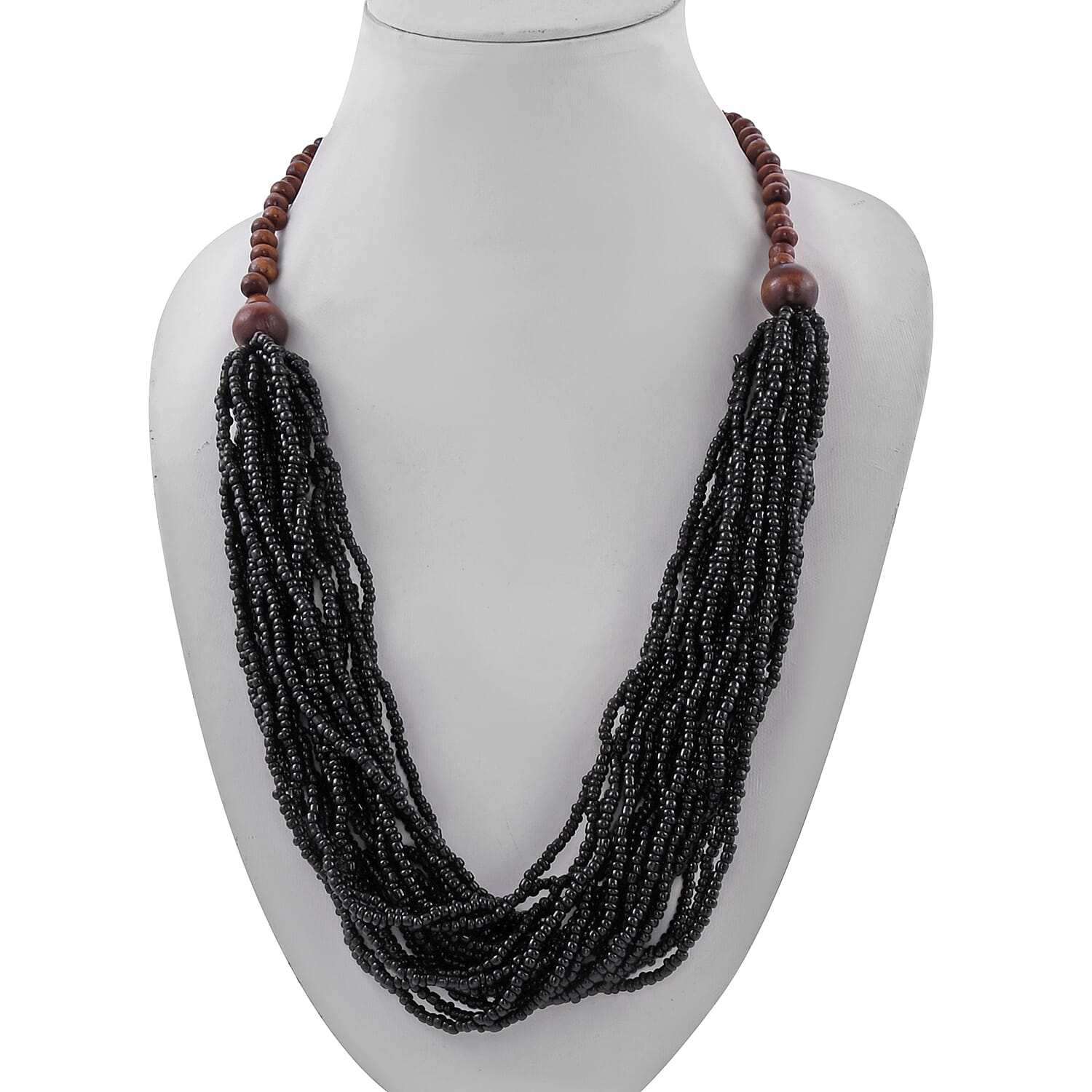 Black Seed Bead and Wooden Beads, Earrings and Necklace 26 Inches in Stainless Steel