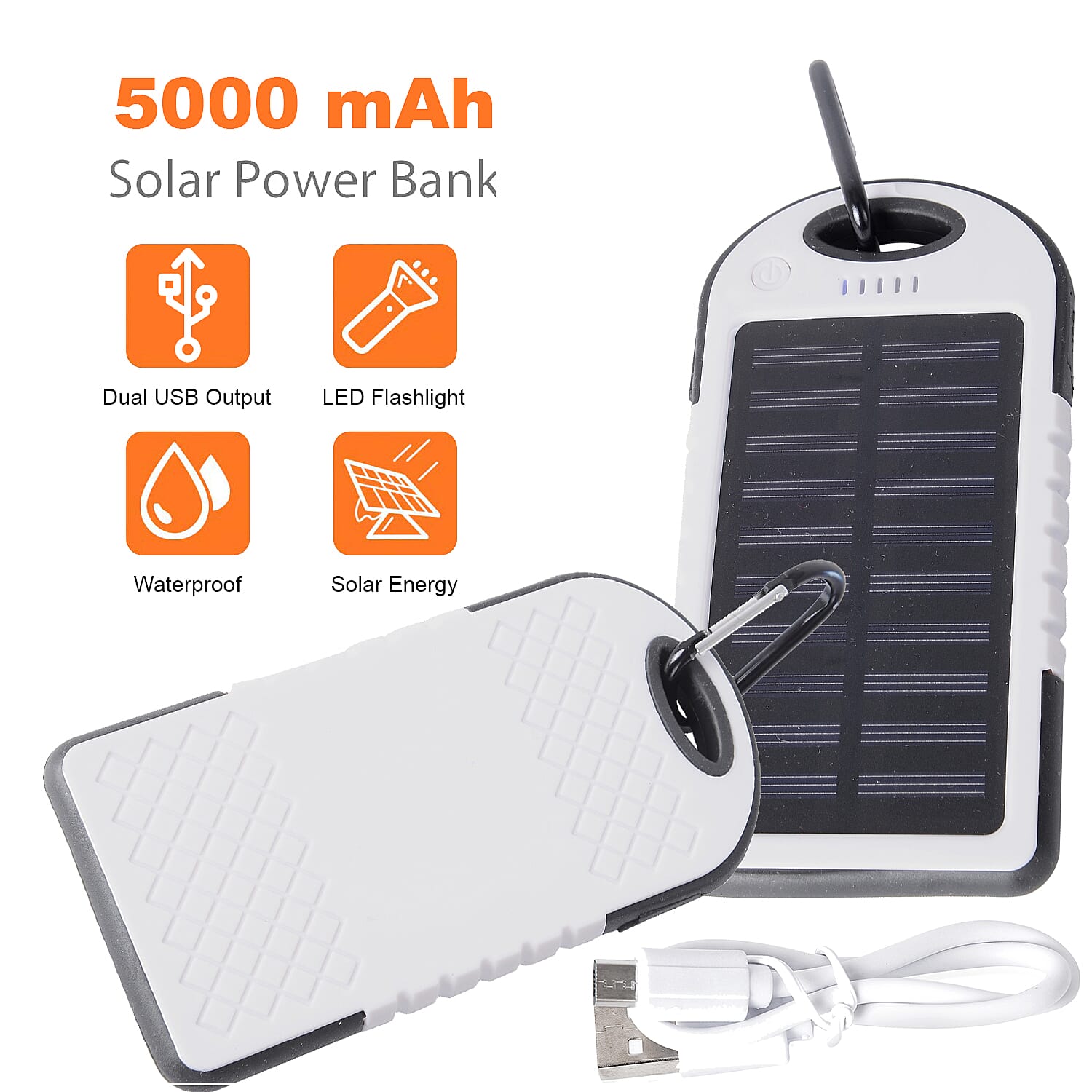 Homesmart White Carabiner Solar 5000 mAh Battery Charger with USB & Emergency LED Flash Light