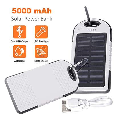 Homesmart White Carabiner Solar 5000 mAh Battery Charger with USB & Emergency LED Flash Light