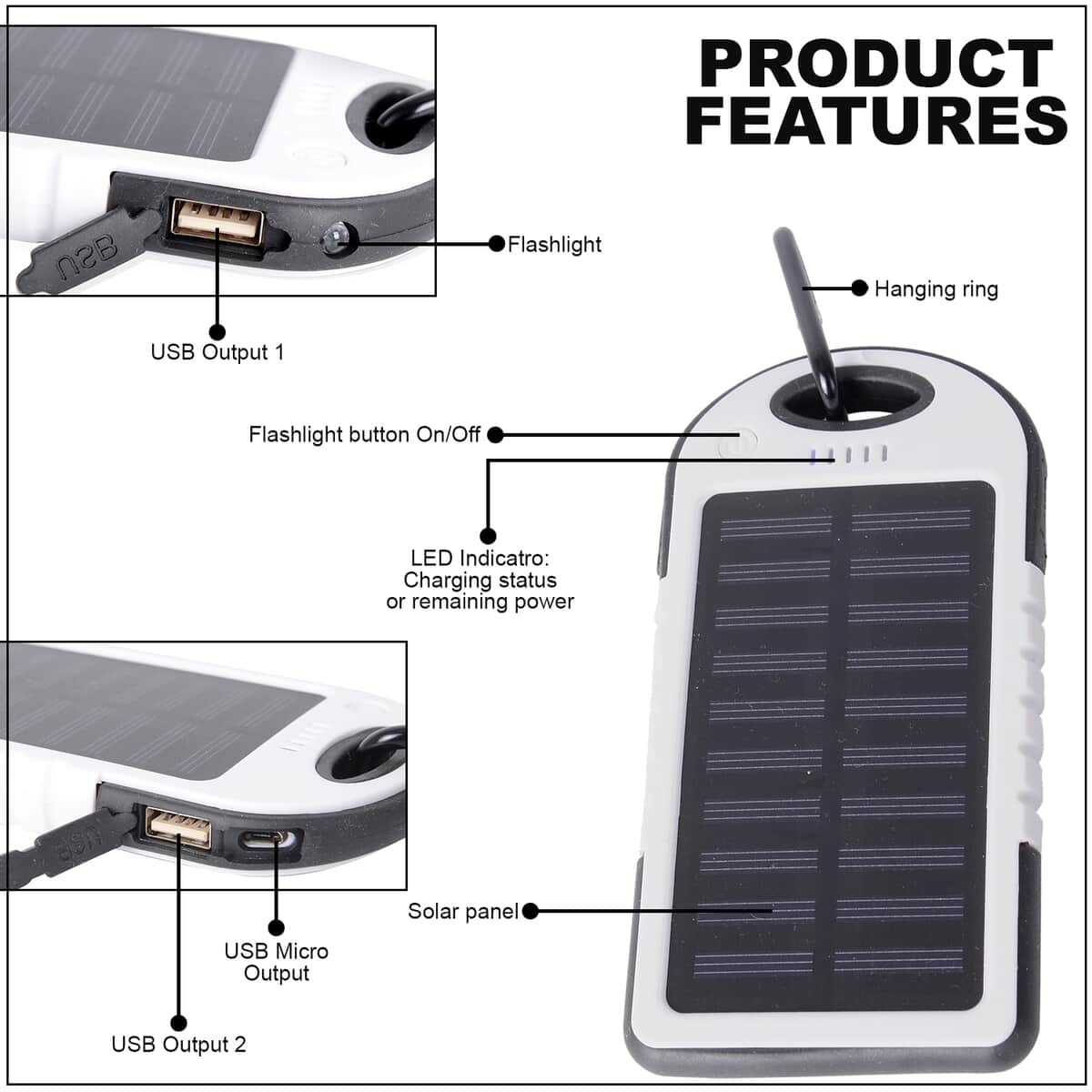 HOMESMART White Carabiner Solar 5000 mAh Battery Charger with USB & Emergency LED Torch image number 2