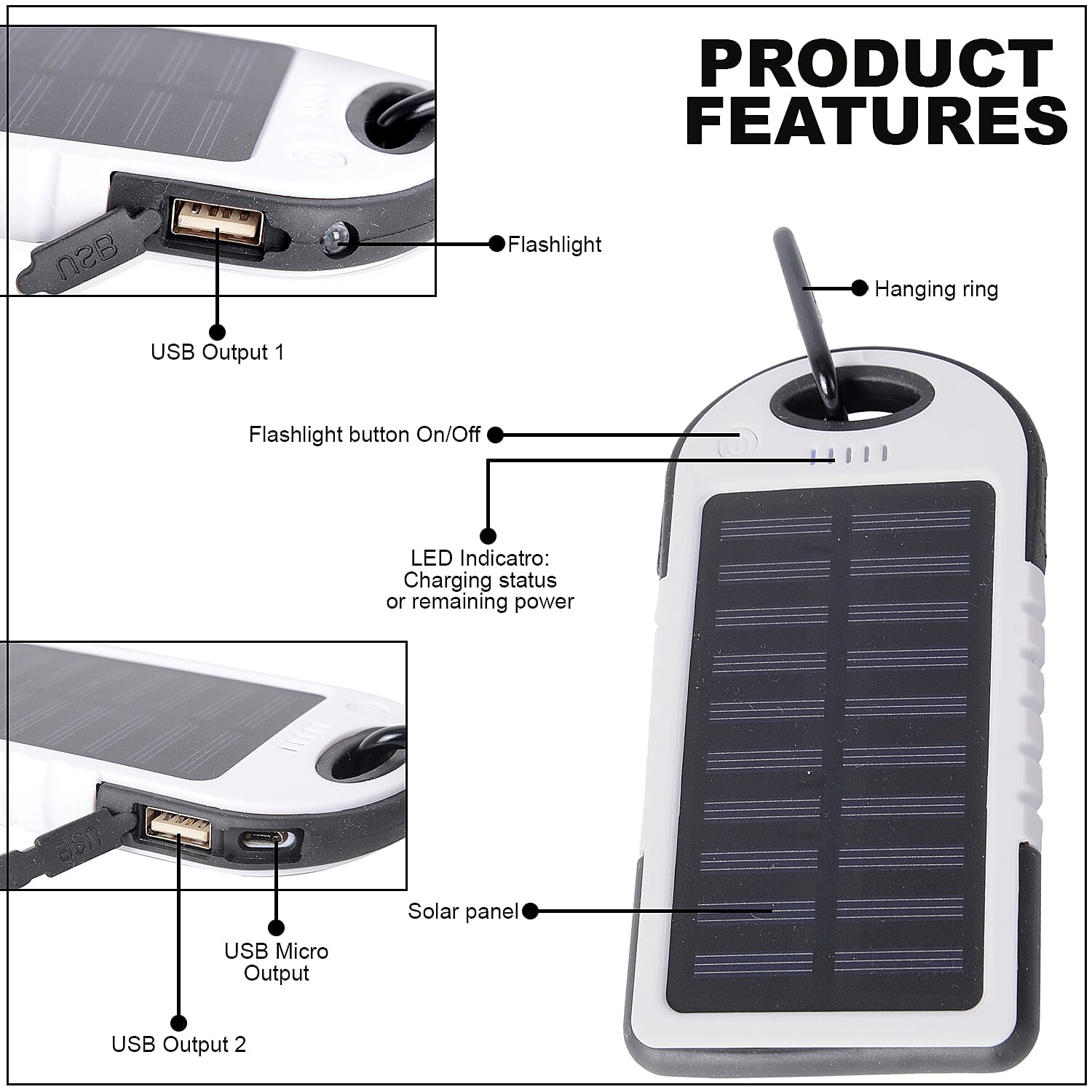 Homesmart White Carabiner Solar 5000 mAh Battery Charger with USB & Emergency LED Flash Light