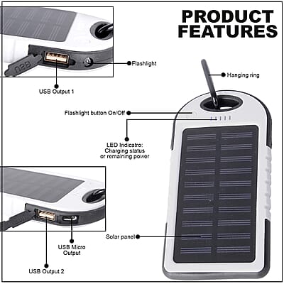 Homesmart White Carabiner Solar 5000 mAh Battery Charger with USB & Emergency LED Flash Light