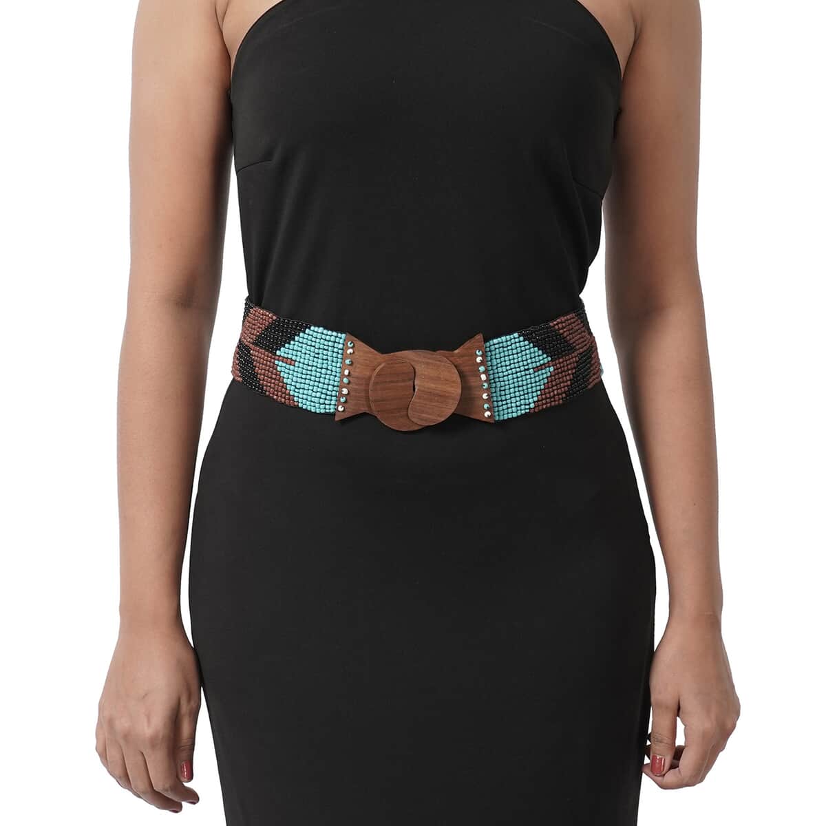 Handcrafted Multi Color Aztec Pattern Seed Beaded Stretchable Belt with Wooden Buckle (Stretchable) image number 0