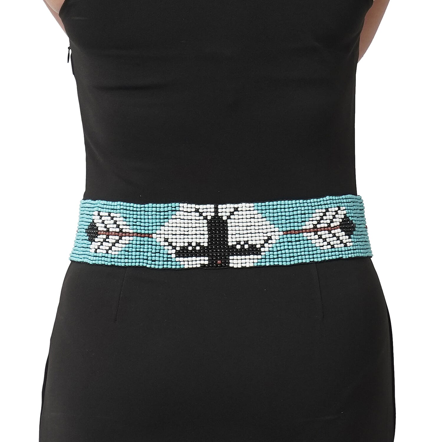 Handcrafted Multi Color Aztec Pattern Seed Beaded Stretchable Belt with Wooden Buckle (Stretchable)