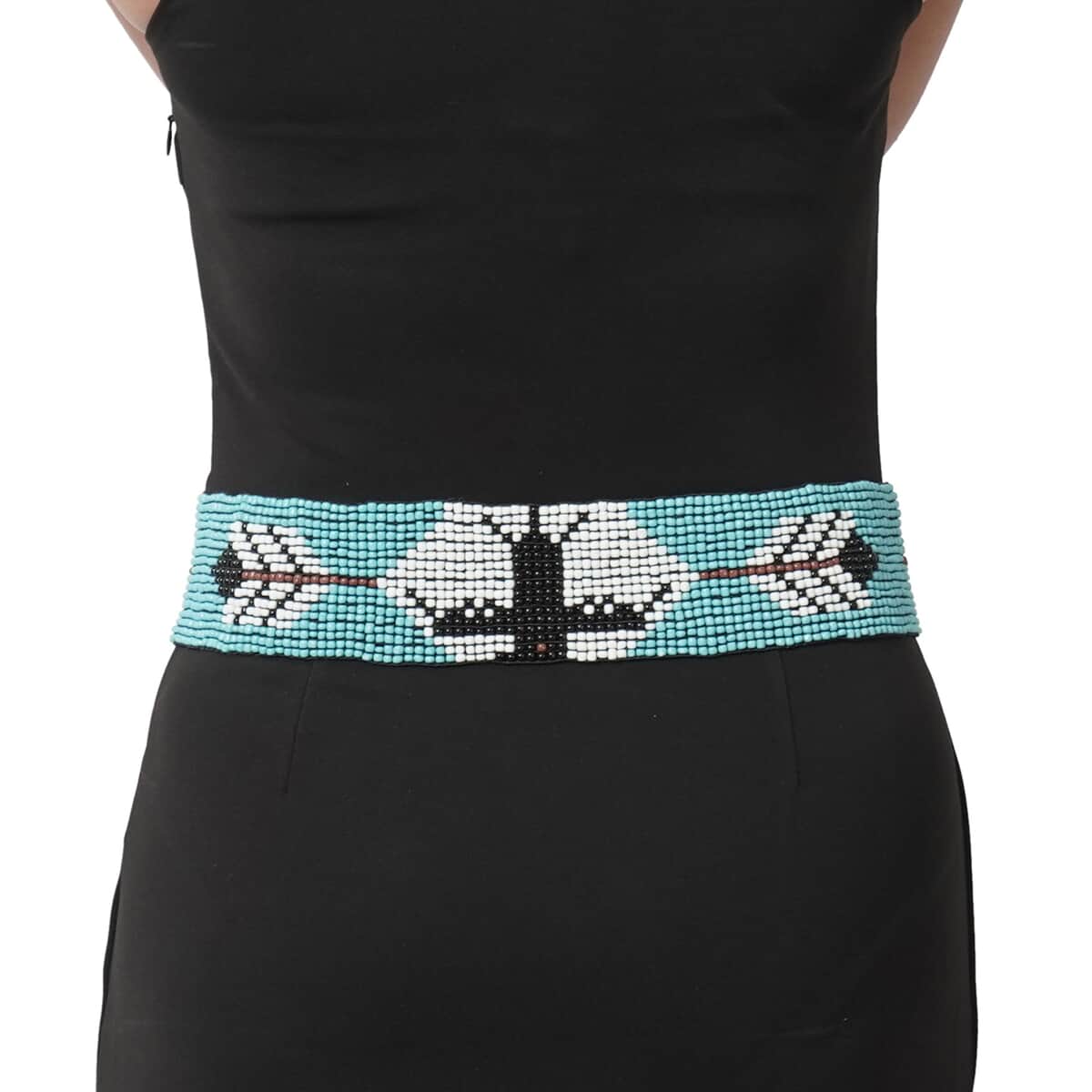 Handcrafted Multi Color Aztec Pattern Seed Beaded Stretchable Belt with Wooden Buckle (Stretchable) image number 1