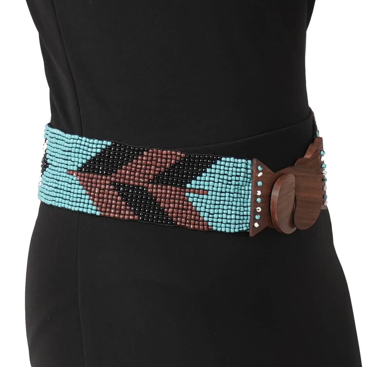 Handcrafted Multi Color Aztec Pattern Seed Beaded Stretchable Belt with Wooden Buckle (Stretchable) image number 2