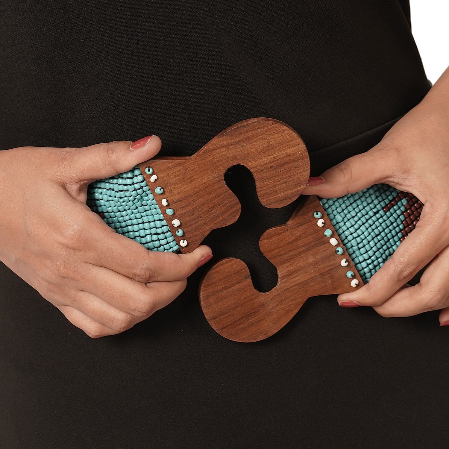 Handcrafted Multi Color Aztec Pattern Seed Beaded Stretchable Belt with Wooden Buckle (Stretchable)