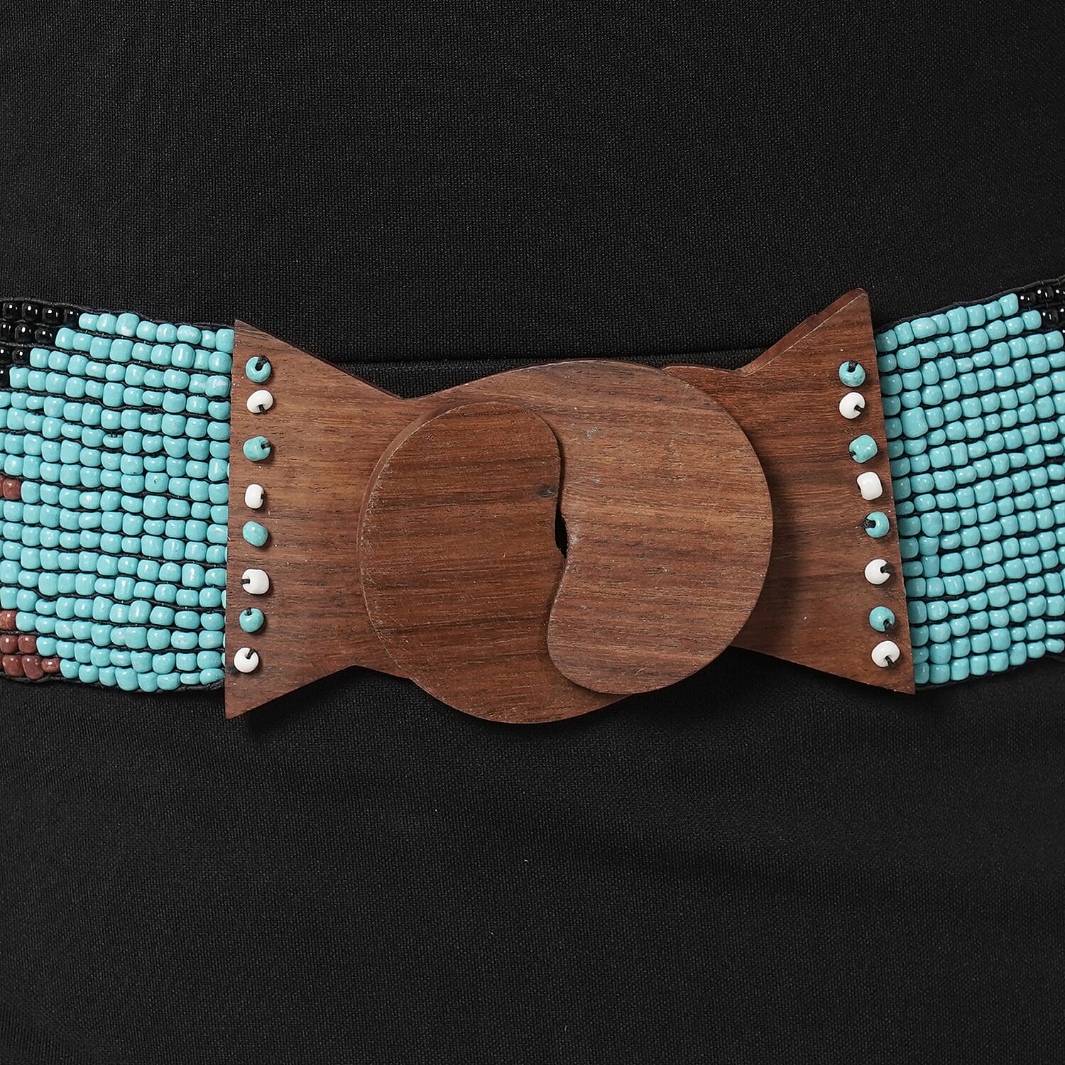 Handcrafted Multi Color Aztec Pattern Seed Beaded Stretchable Belt with Wooden Buckle (Stretchable)