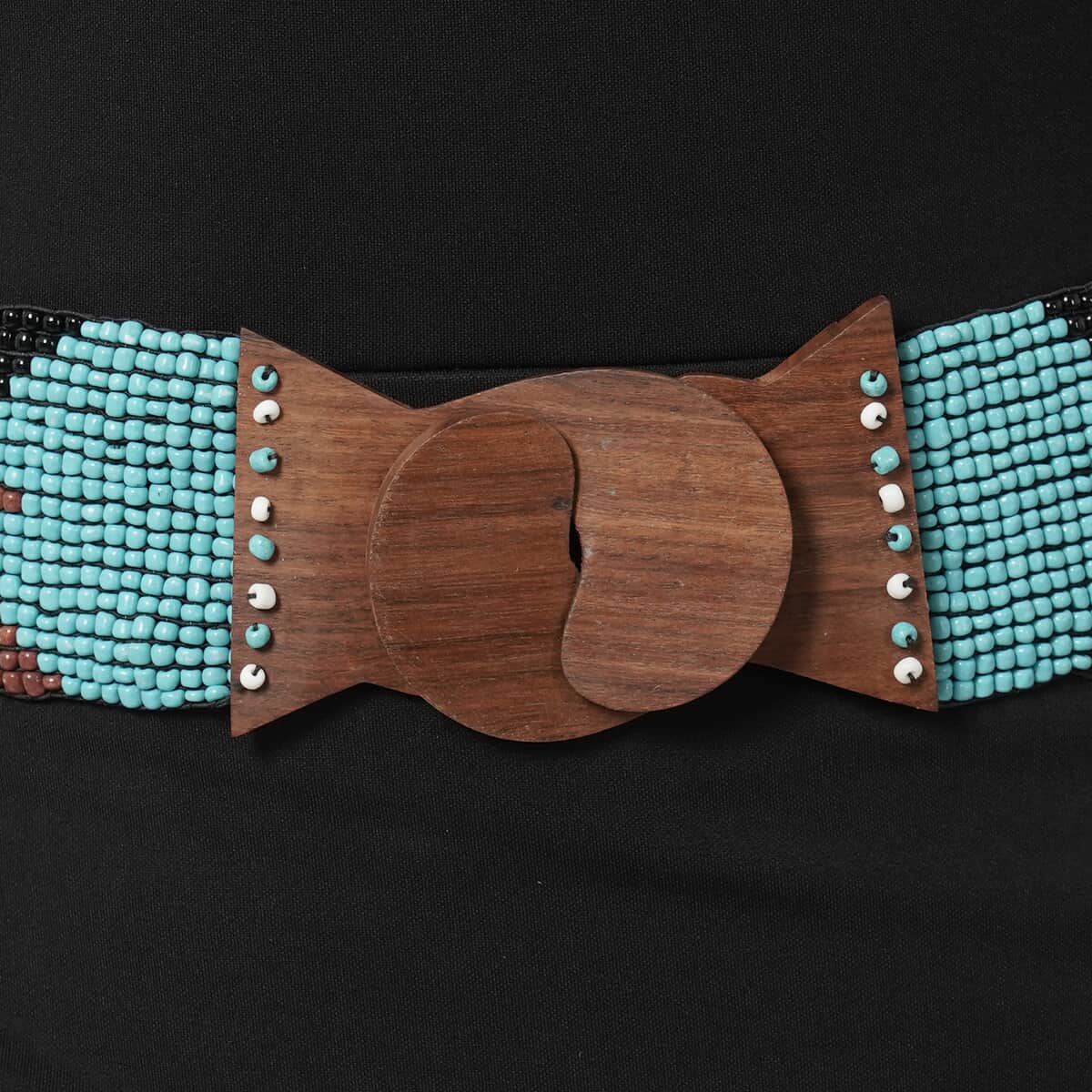 Handcrafted Multi Color Aztec Pattern Seed Beaded Stretchable Belt with Wooden Buckle (Stretchable) image number 4