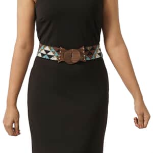Handcrafted Multi Color Diamond Pattern Seed Beaded Stretchable Belt with Wooden Buckle