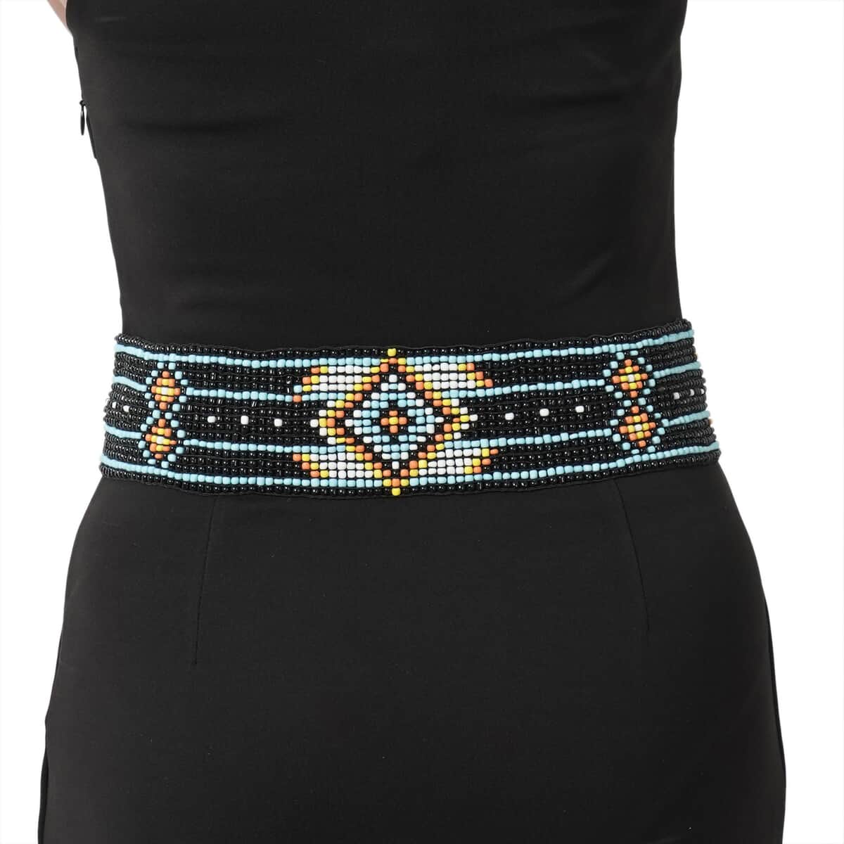 Handcrafted Multi Color Tribal Pattern Seed Beaded Stretchable Belt with Wooden Buckle (Stretchable) image number 1